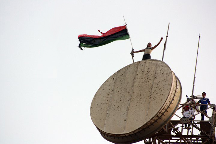 Libyan flag above the communications tower in Al Bayda Libya 2011 07 17