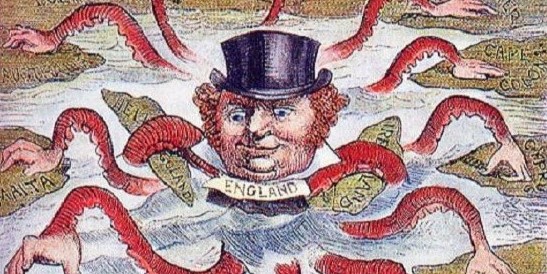 An American cartoonist in 1888 depicted John Bull (England) as the octopus of imperialism, grabbing land on every continent.  HWC925
