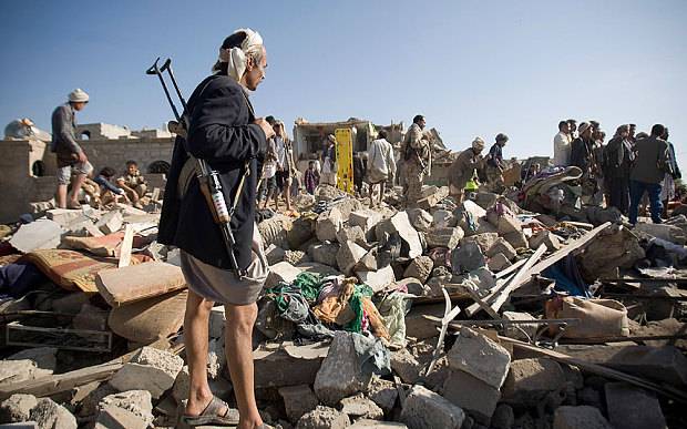 Houses destroyed near Sanaa Yemen by Saudi Arabia Image public domain